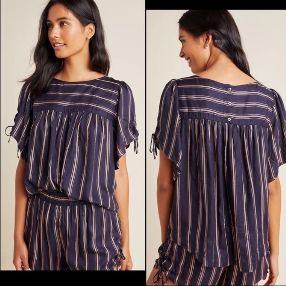 by Anthropologie Navy/Rose Gold Striped Tie Detail Peasant Blouse & Short Set